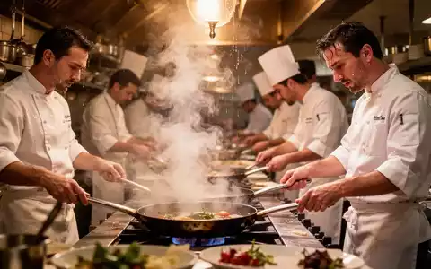 Ein geschäftiger Restaurantküche mit Köchen, die bei intensiver Hitze arbeiten, Dampf steigt aus Pfannen auf und Schweiß ist sichtbar. - Foto: über boerse-global.de