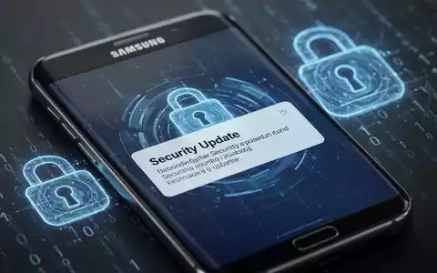 Nahaufnahme eines Samsung-Smartphone-Bildschirms mit Sicherheitsupdate-Benachrichtigung und digitalen Schlosssymbolen im Hintergrund. - Foto: über boerse-global.de