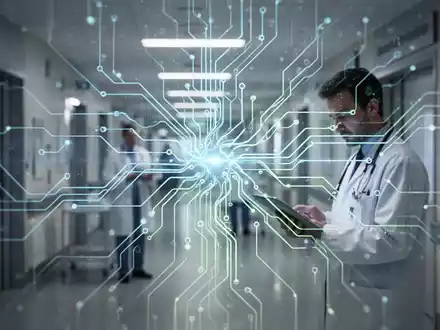Digitales neuronales Netz oder Leiterplatte überlagert das Innere eines modernen deutschen Krankenhauses, symbolisiert digitale Transformation im Gesundheitswesen. - Foto: über boerse-global.de