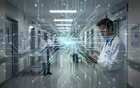 Digitales neuronales Netz oder Leiterplatte überlagert das Innere eines modernen deutschen Krankenhauses, symbolisiert digitale Transformation im Gesundheitswesen. - Foto: über boerse-global.de