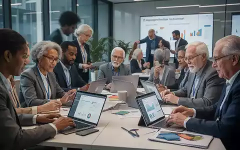 Verschiedene Personen, darunter Berufstätige und Senioren, erlernen digitale Fähigkeiten an Laptops und Tablets in einem modernen Klassenzimmer. - Foto: über boerse-global.de