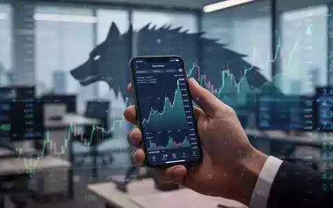 Eine Hand hält ein Smartphone mit einer Börsen-App, die einen Aufwärtstrend zeigt, im Hintergrund eine unscharfe Wolfs-Silhouette. - Foto: über boerse-global.de