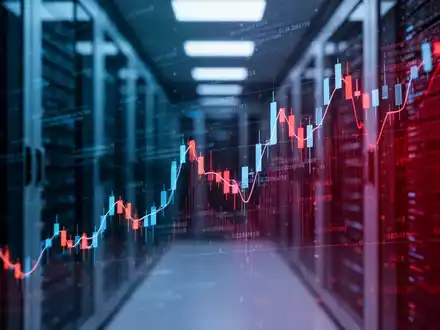 Stilisierter fallender Aktienchart mit digitalen Codezeilen vor unscharfen Server-Racks. - Foto: über boerse-global.de