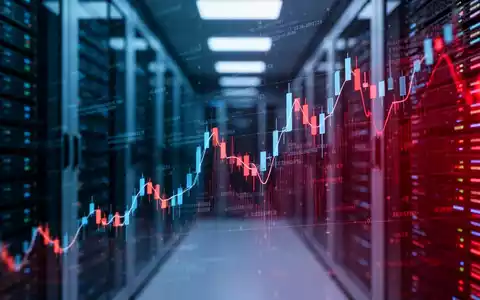 Stilisierter fallender Aktienchart mit digitalen Codezeilen vor unscharfen Server-Racks. - Foto: über boerse-global.de