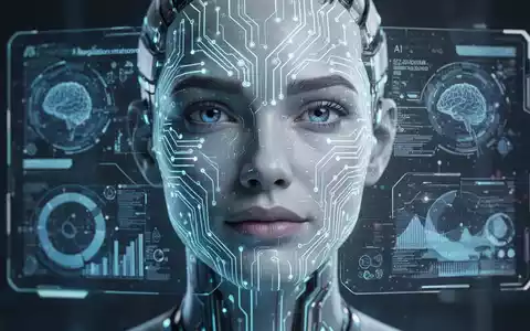 Nahaufnahme eines futuristischen digitalen menschlichen Gesichts mit leuchtenden Schaltkreismustern, die KI darstellt, mit holografischer Datenschnittstelle. - Foto: über boerse-global.de