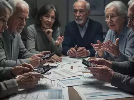 Eine Gruppe von Menschen unterschiedlichen Alters, die Finanzdokumente prüfen und sich über Rentenbesteuerung und Altersvorsorge austauschen. - Foto: über boerse-global.de