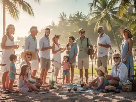 Eine vielfältige Gruppe von Menschen, darunter Familien, die einen sonnigen Urlaub geniessen, mit angedeuteten Symbolen für finanzielle Unterstützung und rechtlichen Schutz. - Foto: über boerse-global.de