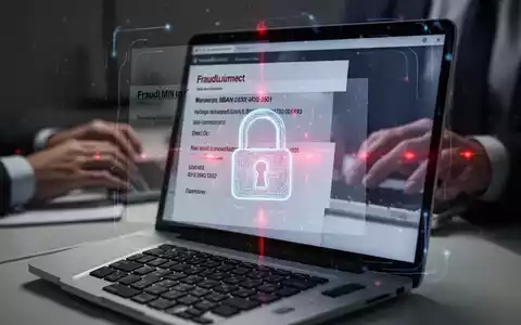 Laptop-Bildschirm mit betrügerischer E-Mail, geänderten IBAN-Daten, Vorhängeschloss-Symbol und roten Warnleuchten - Foto: über boerse-global.de