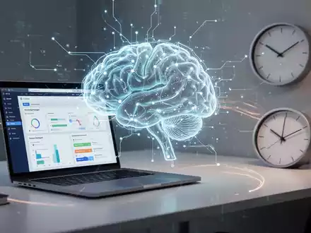 Eine futuristische Darstellung von KI-gestütztem Zeitmanagement: Ein leuchtendes Gehirn-Symbol über einem Laptop mit Produktivitätssoftware. - Foto: über boerse-global.de