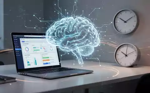 Eine futuristische Darstellung von KI-gestütztem Zeitmanagement: Ein leuchtendes Gehirn-Symbol über einem Laptop mit Produktivitätssoftware. - Foto: über boerse-global.de