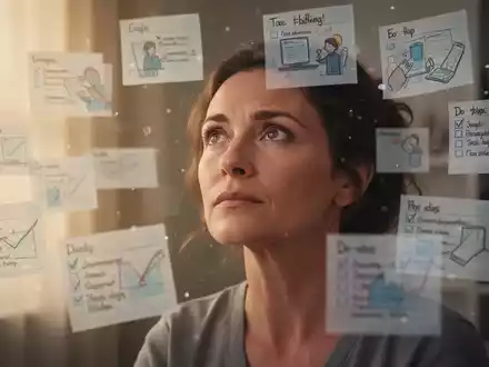 Eine Frau blickt nachdenklich, umgeben von verschwommenen Aufgabenlisten und Symbolen für geistige Belastung und Stress. - Foto: über boerse-global.de
