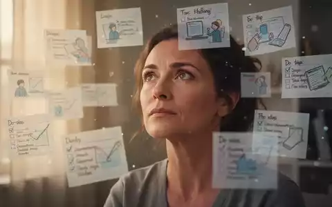 Eine Frau blickt nachdenklich, umgeben von verschwommenen Aufgabenlisten und Symbolen für geistige Belastung und Stress. - Foto: über boerse-global.de