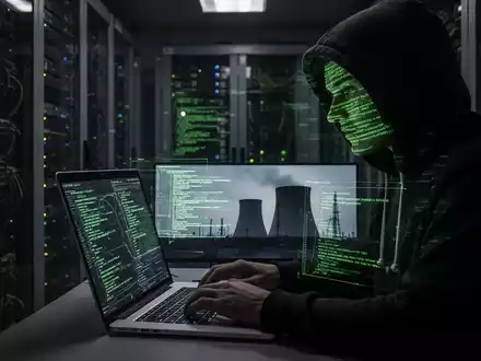 Verschattete Gestalt in Kapuzenpulli tippt auf Laptop in Serverraum, grün leuchtender Code spiegelt sich im Gesicht. - Foto: über boerse-global.de