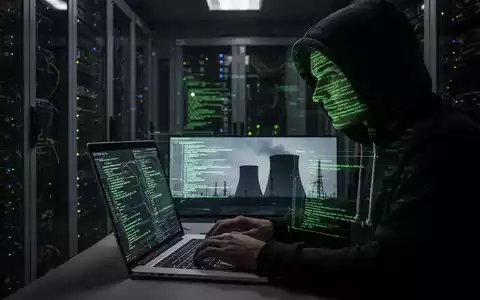 Verschattete Gestalt in Kapuzenpulli tippt auf Laptop in Serverraum, grün leuchtender Code spiegelt sich im Gesicht. - Foto: über boerse-global.de