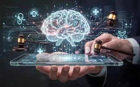 Ein stilisiertes, leuchtendes digitales Gehirnnetzwerk auf einer Hand, die ein transparentes Datentablet hält, mit medizinischen Symbolen und Gesetzessymbolen. - Foto: über boerse-global.de