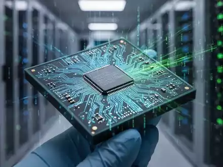 Nahaufnahme eines komplexen Mikrochips, der digitale Datenströme in einem modernen Rechenzentrum widerspiegelt. - Foto: über boerse-global.de