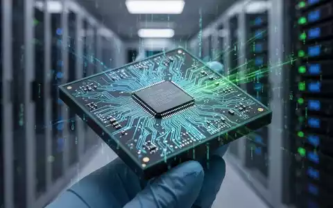 Nahaufnahme eines komplexen Mikrochips, der digitale Datenströme in einem modernen Rechenzentrum widerspiegelt. - Foto: über boerse-global.de