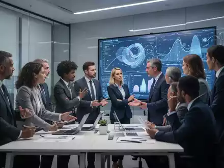 Geschäftsleute diskutieren in einem modernen Büro vor einem Bildschirm mit Datenvisualisierungen, symbolisierend Karriereaufstieg und strategische Kompetenzen. - Foto: über boerse-global.de