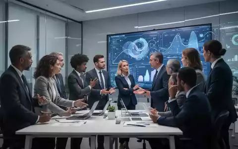 Geschäftsleute diskutieren in einem modernen Büro vor einem Bildschirm mit Datenvisualisierungen, symbolisierend Karriereaufstieg und strategische Kompetenzen. - Foto: über boerse-global.de