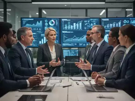 Führungskräfte besprechen EHS- und ESG-Anforderungen. Im Hintergrund sind Bildschirme mit Datenvisualisierungen zu sehen. - Foto: über boerse-global.de