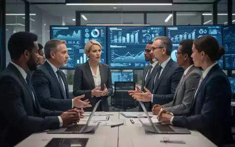Führungskräfte besprechen EHS- und ESG-Anforderungen. Im Hintergrund sind Bildschirme mit Datenvisualisierungen zu sehen. - Foto: über boerse-global.de
