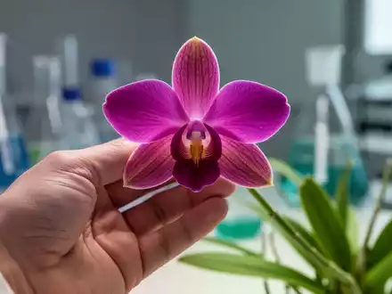 Eine Hand hält eine leuchtende Orchidee, im Hintergrund verschwommen Laborgeräte, symbolisch für Diabetesforschung in Südkorea. - Foto: über boerse-global.de