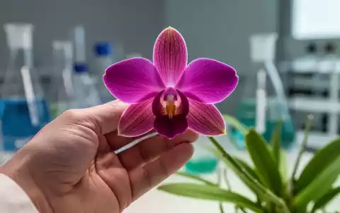 Eine Hand hält eine leuchtende Orchidee, im Hintergrund verschwommen Laborgeräte, symbolisch für Diabetesforschung in Südkorea. - Foto: über boerse-global.de