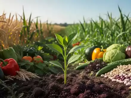 Ein üppiges Feld mit verschiedenen Pflanzen und Getreidesorten unter einem klaren Himmel, das pflanzliche Ernährung und nachhaltige Landwirtschaft symbolisiert. - Foto: über boerse-global.de