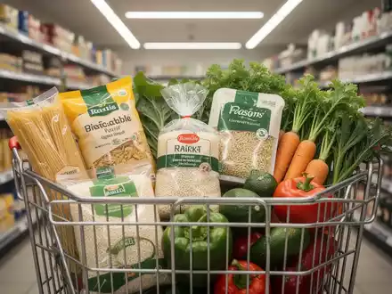 Ein Einkaufswagen, gefüllt mit preiswerten Lebensmitteln wie Nudeln, Reis und Gemüse, steht in einem Supermarktgång. - Foto: über boerse-global.de