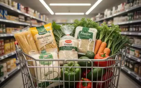 Ein Einkaufswagen, gefüllt mit preiswerten Lebensmitteln wie Nudeln, Reis und Gemüse, steht in einem Supermarktgång. - Foto: über boerse-global.de