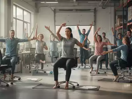 Mitarbeiter unterschiedlicher Altersgruppen führen in einer modernen Büroumgebung ergonomische Übungen durch, um körperlicher und mentaler Gesundheit vorzubeugen. - Foto: über boerse-global.de