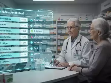 Eine digitale Schnittstelle mit Medikationsplänen überlagert eine Apothekerin, die einen älteren Patienten berät. - Foto: über boerse-global.de