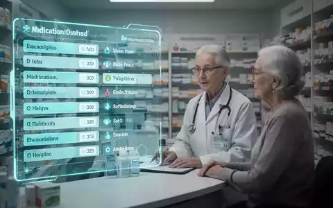 Eine digitale Schnittstelle mit MedikationsplĂ€nen ĂŒberlagert eine Apothekerin, die einen Ă€lteren Patienten berĂ€t. - Foto: ĂŒber boerse-global.de