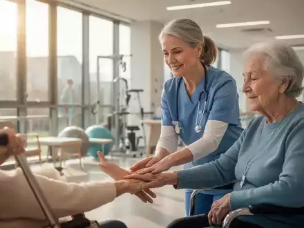 Eine ältere Ergotherapeutin hilft einer Patientin bei einer Übung in einem hellen Therapieraum. - Foto: über boerse-global.de