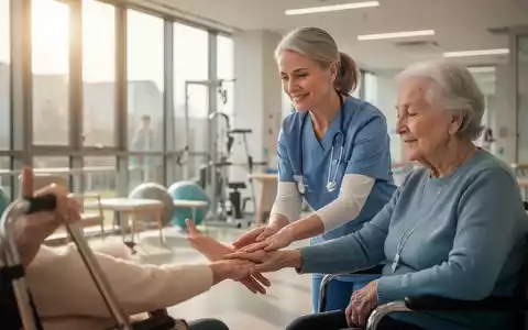 Eine ältere Ergotherapeutin hilft einer Patientin bei einer Übung in einem hellen Therapieraum. - Foto: über boerse-global.de