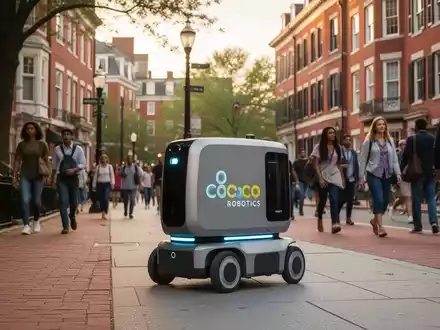 Ein Lieferroboter von Coco Robotics auf einem Gehweg in Washington D.C., vorbei an historischen Gebäuden und Fußgängern. - Foto: über boerse-global.de