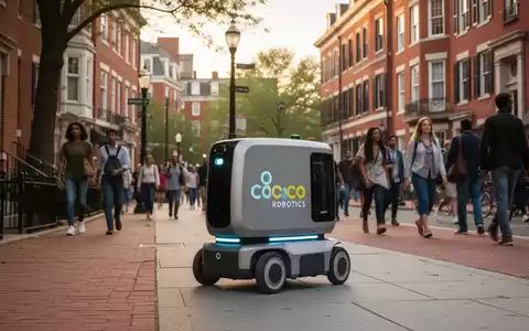 Ein Lieferroboter von Coco Robotics auf einem Gehweg in Washington D.C., vorbei an historischen Gebäuden und Fußgängern. - Foto: über boerse-global.de