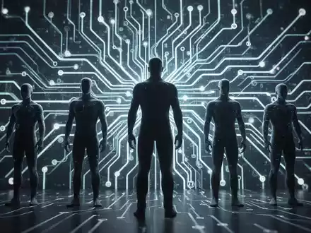 Eine futuristische, leuchtende neuronale Netzstruktur mit stilisierten menschlichen Silhouetten davor, die KI und rechtliche Überwachung symbolisiert. - Foto: über boerse-global.de