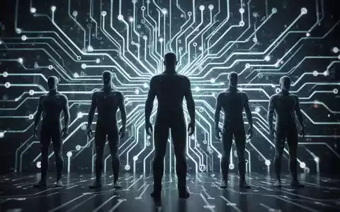 Eine futuristische, leuchtende neuronale Netzstruktur mit stilisierten menschlichen Silhouetten davor, die KI und rechtliche Überwachung symbolisiert. - Foto: über boerse-global.de