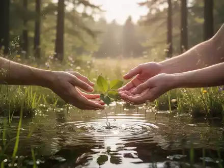 Sanftes Sonnenlicht fällt durch Bäume in einem ruhigen Wald. Hände berühren behutsam Blätter, symbolisierend Naturverbindung und Achtsamkeit. - Foto: über boerse-global.de