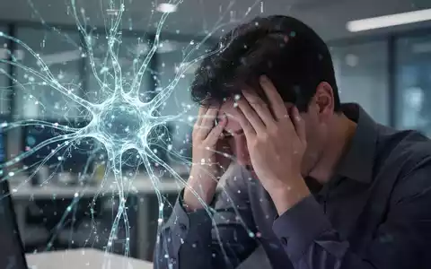 Eine Person mit dem Kopf in den Händen, die Erschöpfung vor einem abstrakten, leuchtenden KI-Hintergrund darstellt. - Foto: über boerse-global.de