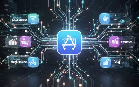 Ein Netzwerk aus leuchtenden Linien und Knotenpunkten, die mehrere kleinere App-Marktplätze mit einem großen, zentralen App Store verbinden. - Foto: über boerse-global.de