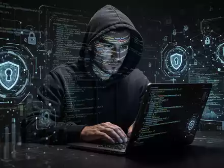 Person in Kapuzenjacke tippt auf Laptop, mit abstrakten digitalen Codes und Sicherheitssymbolen als Cyberbedrohung. - Foto: über boerse-global.de