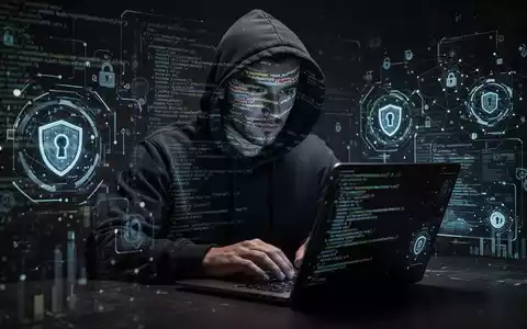 Person in Kapuzenjacke tippt auf Laptop, mit abstrakten digitalen Codes und Sicherheitssymbolen als Cyberbedrohung. - Foto: über boerse-global.de