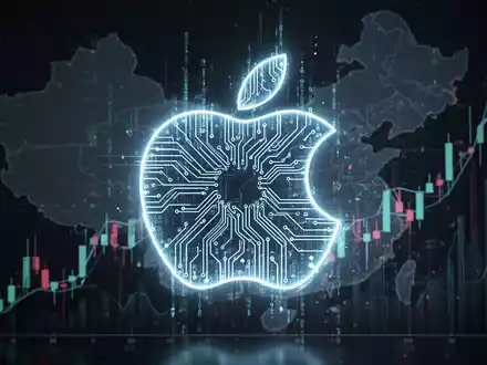 Leuchtendes Apple-Logo aus Leiterbahnen und Datenströmen über China-Karte und steigendem Aktiendiagramm - Foto: über boerse-global.de