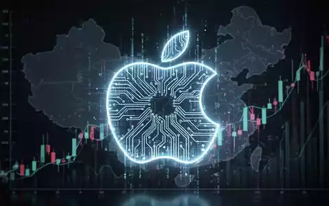 Leuchtendes Apple-Logo aus Leiterbahnen und Datenströmen über China-Karte und steigendem Aktiendiagramm - Foto: über boerse-global.de