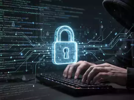 Eine Nahaufnahme von Händen, die auf einer Computertastatur tippen, mit einem digitalen Vorhängeschloss-Symbol und Code im Hintergrund. - Foto: über boerse-global.de