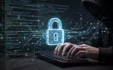 Eine Nahaufnahme von Händen, die auf einer Computertastatur tippen, mit einem digitalen Vorhängeschloss-Symbol und Code im Hintergrund. - Foto: über boerse-global.de