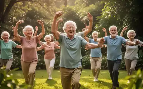Ăltere Menschen machen drauĂen Sport und lachen, umgeben von BĂ€umen und Sonnenlicht, was einen gesunden Lebensstil darstellt. - Foto: ĂŒber boerse-global.de