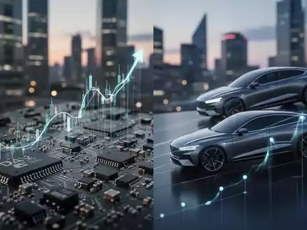 Eine dynamische Darstellung des DAX-Index, mit fallenden Computerchips auf der einen Seite und aufsteigenden Autos auf der anderen. - Foto: über boerse-global.de